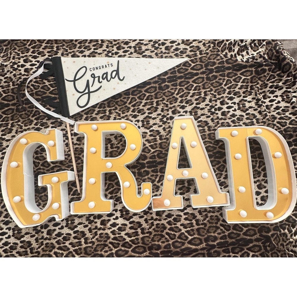 Gold Graduation GRAD Light Up LED Letters Table Decor + Congrats Grad Pennant